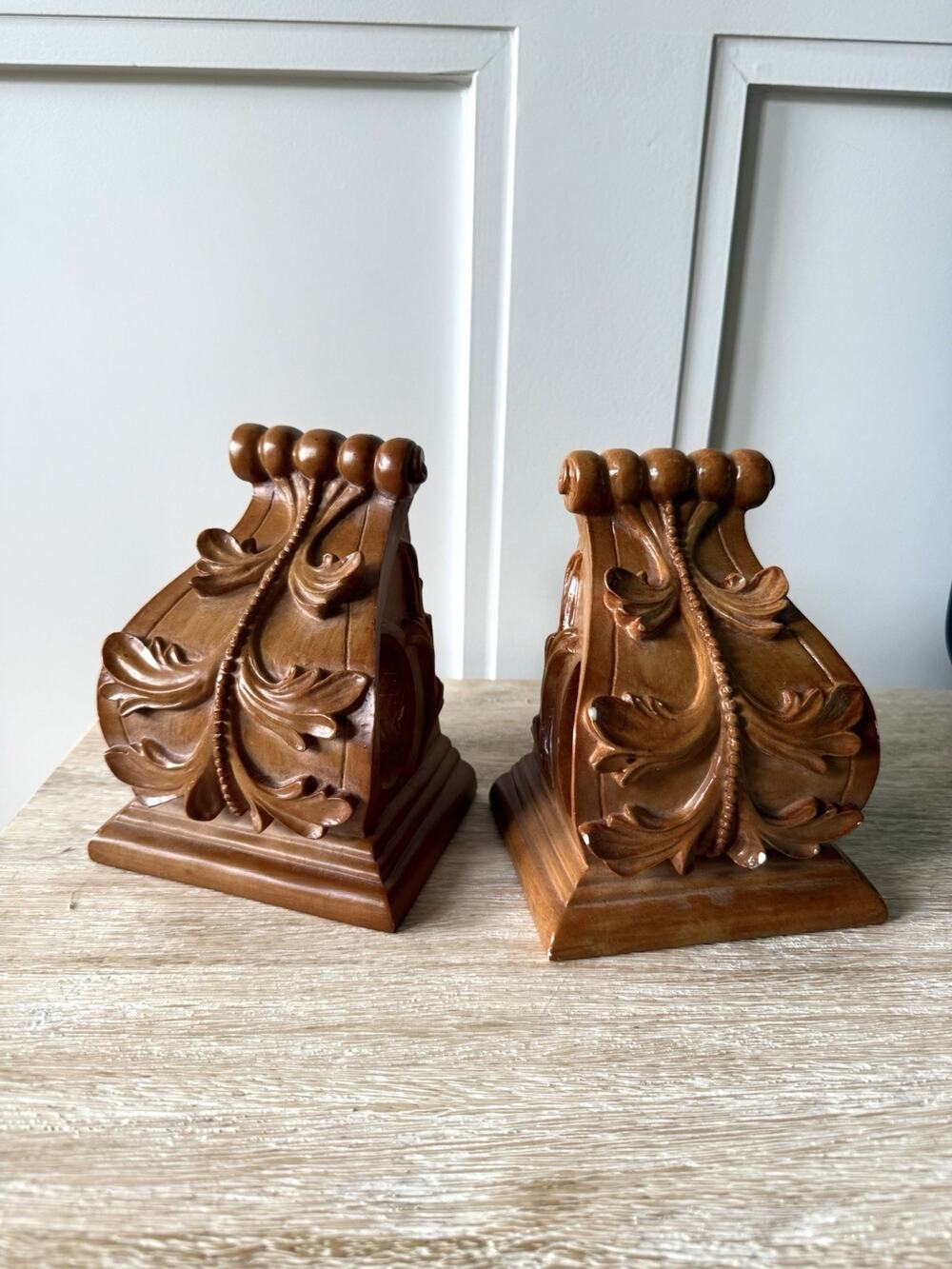 Vintage Ornate Hand Carved Wood Bookend or Wall Sconce Pair